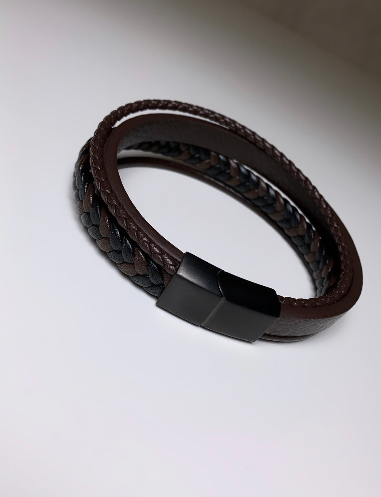 Bracelet Homme en cuir marron & acier inoxydable