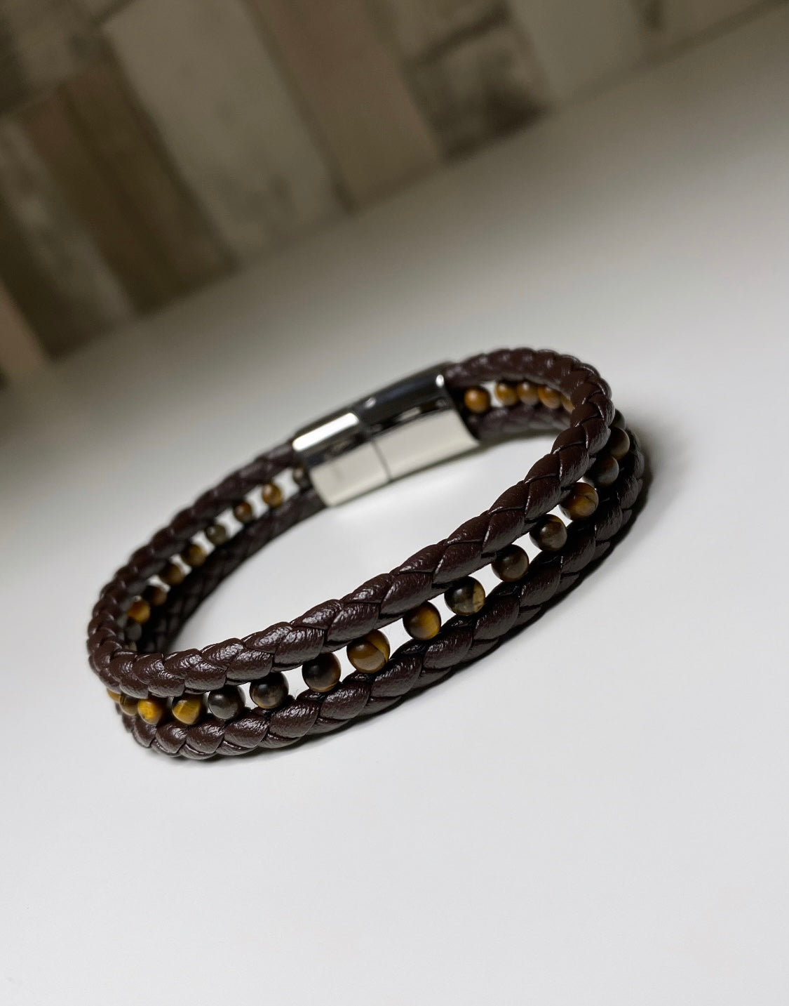 Bracelet Homme tressé et perles douces Marron