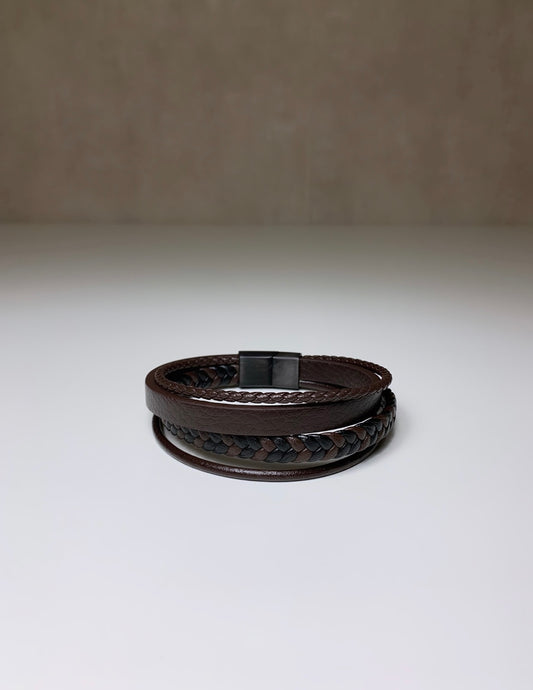 Bracelet Homme en cuir marron & acier inoxydable