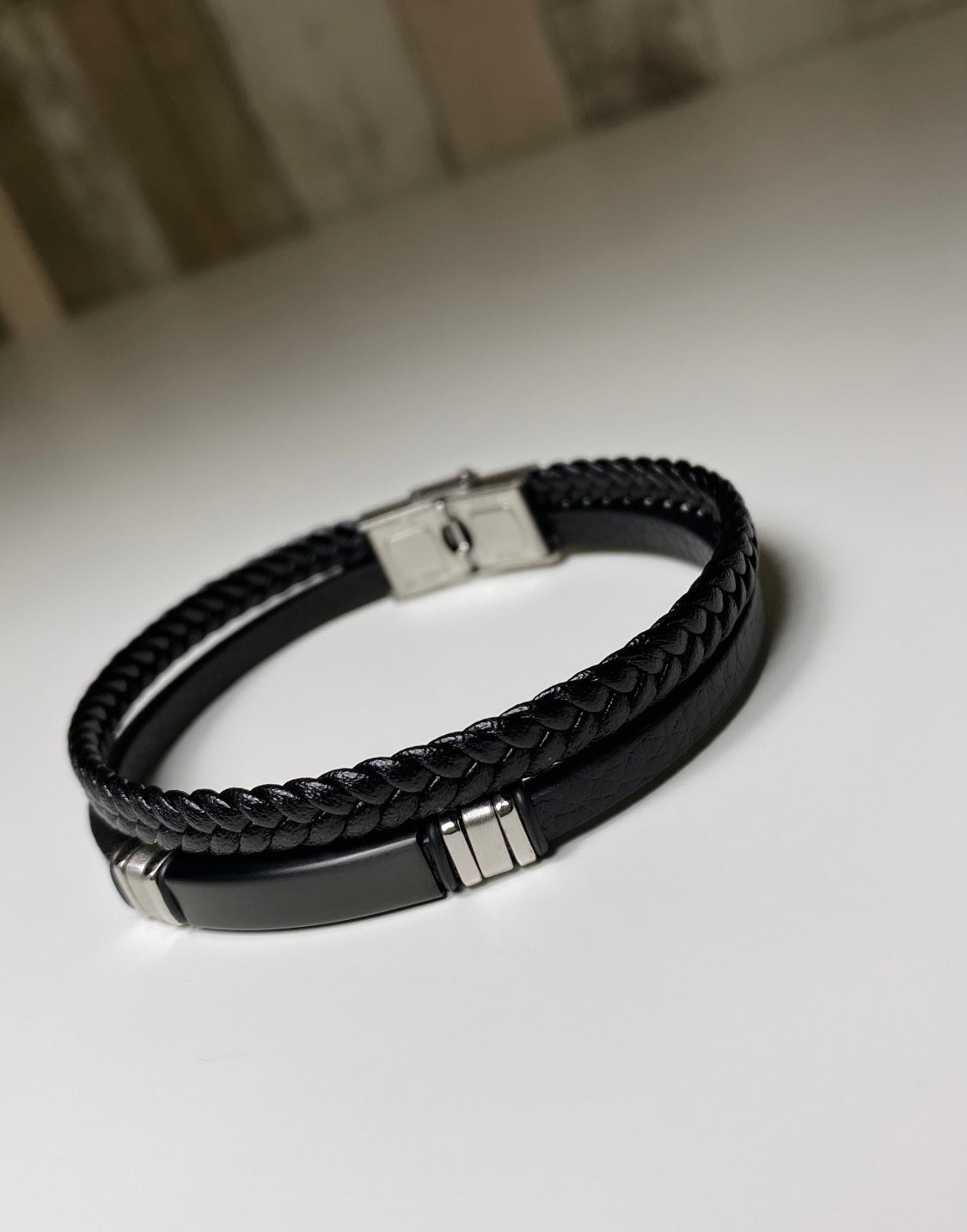 Bracelet Homme en cuir, multi-rangs, tendance, Noir