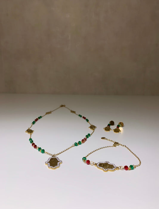 Ensemble Sautoir, bracelet et boucles d’oreilles main de fatma cristaux et perles rouges et vertes